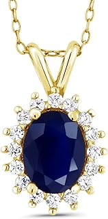 Sapphire Halo Pendant Necklace with 18-Inch Cable Chain in 14K Yellow Gold for Women - Oval Birthstone Design