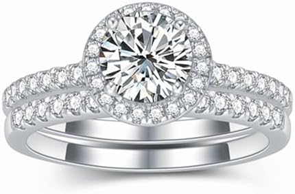 Halo Engagement Ring Sets Bridal Sets Wedding Rings for Women Platinum Plated Silver, 1 Carat Center Moissanite Wedding Ring Set Anniversary Promise Rings