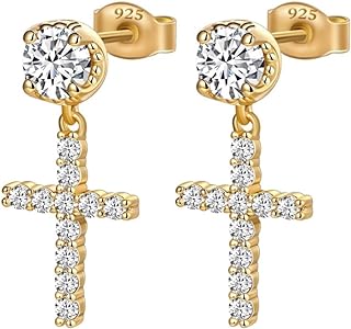 Yellow Gold Plated 925 Sterling Silver Hanging Drop Round Stud Cross Earrings for Men Women Dangle Earrings Unisex Hip Hop Jewelry CZ Hypoallergenic Ice Out Cross Dangle Earrings for Men