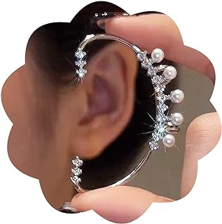 Silver Clip-On Rhinestone Pearl Ear Cuff Wrap Earrings for Women and Girls, Elegant Fairy Design