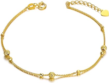 18K Gold Bead Bracelet with Wheat Chain and Lobster Claw Clasp for Women - Intricate Design, Adjustable, Perfect Gift for Her