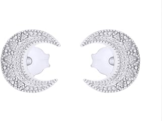 Crescent Moon Stud Earrings with Push Back, Diamond accents for Women, White Gold Plated Silver Design