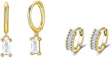 Dainty Huggie Hoop Earrings with Baguette Cubic Zirconia Dangle & Small Hoop Earring for Women Girls, 18K Gold Plated 925 Sterling Silver Lightweight Minimalist Jewelry Gift Set for Her