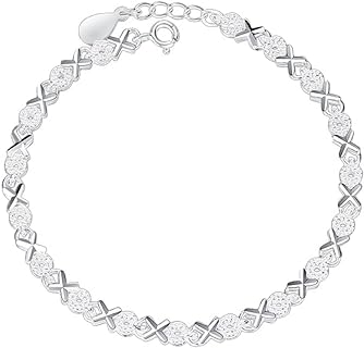 SUKKCCNO Sterling Silver Bangle Tennis Bracelet with XO-Link and Beaded Design, Adorned in Cubic Zirconia for Women, Classic Elegance