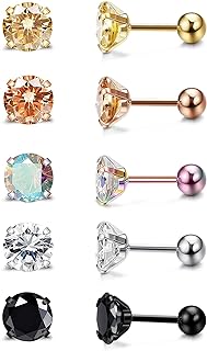 Elegant Women's Stainless Steel Cubic Zirconia Ball Stud Earrings with Push-Back, Multicolor 5-Pair Set