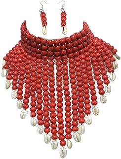 COLORFUL BLING Chunky Wooden Beaded Seed Bib Collar Necklace Boho Layered Africa Wood Shell Strand Choker Necklace Jewelry Set for Women