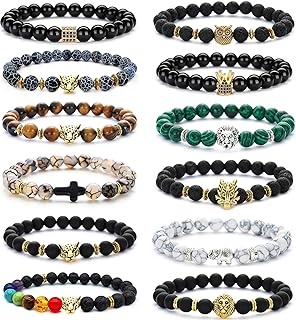 12-piece Lion and Leopard Head Lava Rock Stone Bead Bracelet Set with adjustable sizing for Men and Women, Alloy Bead Chain, No Gem