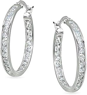 Sterling Silver 3mm Channel-Set Inside Out Cubic Zirconia Round Hoop Earrings, Options Available