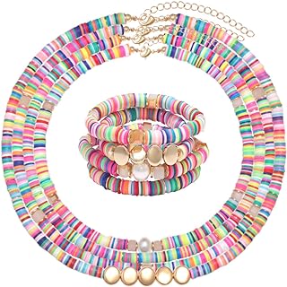 ARATLENCH Heishi Surfer Necklaces Bracelets –Colorful Vinyl Disc Beads Love Necklace Boho Rainbow Stack Stretch Friendship Bracelet Necklaces Set for Women Girls