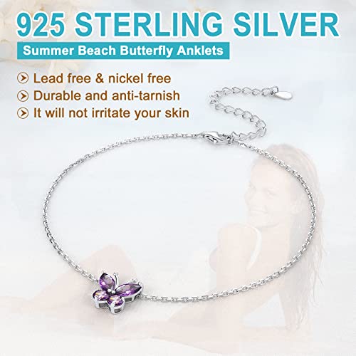SILVERCUTE Butterfly Anklets for Women, S925 Foot Bracelet Birthstone Anklets Sterling Silver Adjustable Beach Anklet Length 8.5"-10.5"