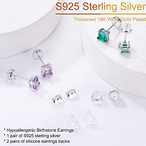 Princess Cut Birthstone Earrings for Women Mom, Genuine or Created Sparkle Birthstone Jewelry 18K White Gold Plated S925 Sterling Silver Solitaire Birthstone Stud Earrings for Women Mom Birthday Gifts
