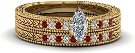 Choose Your Gemstone Antique Design Pave Wedding Ring Set yellow gold plated Marquise Shape Milgrain Engagement Rings Minimal Modern Design Birthday Gift Wedding Gift US Size 4 to 12