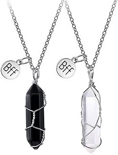2Pcs 6 Facet Hexagonal Pointed Tree Wire Wrapped Pendant Necklace Set Natural Stone Gemstone Crystal Bead Necklace for Men Women Best Friend Girl Boy Teen Energy Healing Friendship Jewelry