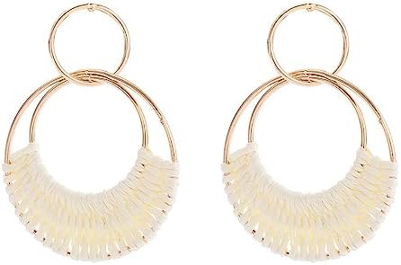 Handcrafted Bohemian Raffia Hoop Earrings with Alloy Detailing for Women in Round Geometric Design