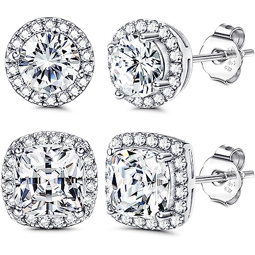 Cubic Zirconia Studs | S925 Sterling Silver Earrings for Women Men | Hypoallergenic 18K White Gold Round Square Brilliant Large Simulated Diamond Halo Stud Earrings