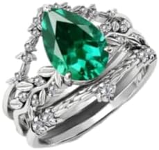 Women's 1CT Pear-Shaped Emerald and Sterling Silver Vine Leaf Design Engagement Ring Set - Antique Art Deco Green Bridal Wedding Ring Sets