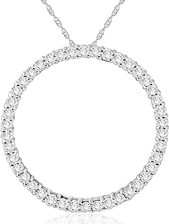 1 Carat Diamond Pendant Necklace with Link Chain for Women, Circle Round-Cut Design, in 14k White Gold with Spring Ring Clasp