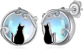 Push-Back Black Cat Moonstone Stud Earrings in 925 Sterling Silver for Women and Girls with Animal Design