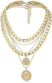 Gold Layered Necklaces for Women Chunky Choker Link Chain Trendy Retro Coin 14K Pendant Necklace Handmade Dainty Layering Poppy Lotus Rose Birth Flower Necklaces Gift