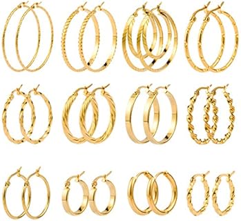12 Pairs Gold Hoop Earrings Set Stainless Steel Twisted Round Small Chunky Hoop Earrings for Women Teen Girls