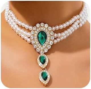 Chunky Layered Pearls Rhinestone Necklace Emerald Green Rhinestone Pearl Statement Necklace Dainty Faux Pearl Rhinestone Neck Chain Vintage Layered Pearl Choker for Women Girls
