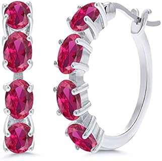 Gem Stone King 925 Sterling Silver Oval Gemstone Birthstone Hoop Earrings | Oval 6X4MM | 22MM | 0.85 Inch Hoop Earrings For Women