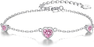 925 Sterling Silver Birthstone Anklet with Lobster Claw Clasp - Cubic Zirconia Gem for Women, Heart Design - Adorable Gift Jewelry for Special Occasions