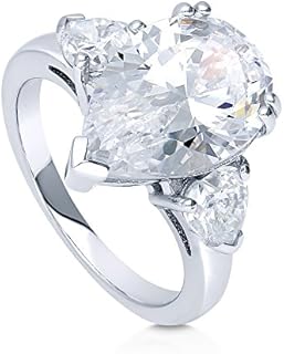 BERRICLE Sterling Silver 3-Stone Wedding Engagement Rings Pear Cut Cubic Zirconia CZ Statement Cocktail Anniversary Ring for Women, Rhodium Plated Size 4-10