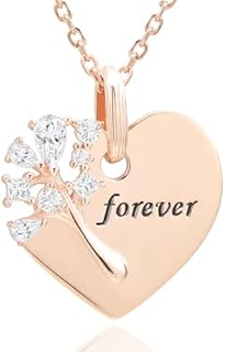 Women's 925 Sterling Silver Heart-Shaped Tree of Life Rose Gold Necklace with Rolo Chain and 5A Grade Cubic Zirconia Crystals