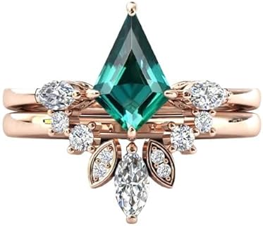 Vintage Kite Shaped 10K Emerald Wedding Ring Set For Womenm 3 CT Rose Gold Emerald Engagement Ring Set Art Deco Anniversary Ring Set
