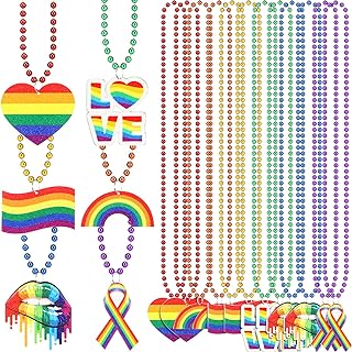 48 Pieces Rainbow Beaded Necklaces Mardi Gras Bead Necklaces Pride Metallic Necklaces Rainbow Love Beaded Necklace for LGBT Pride Rainbow Party Supplies Decoration