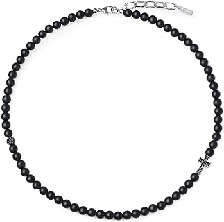 Lobster Clasp Onyx Black Bead Necklace with Stainless Steel Cross for Unisex, Bead Chain Design- COAI Religious Jewelry