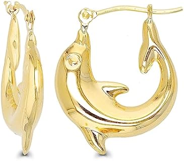 Click-Top 14K Yellow Gold Dolphin Hoop Earrings with Cubic Zirconia for Women | High Polished 3mm Thick Solid Gold Hoops