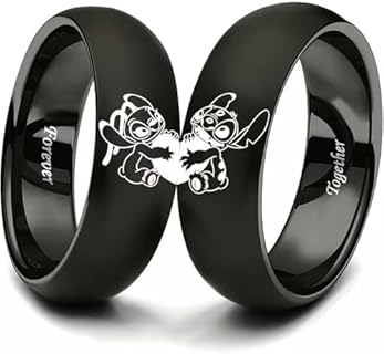Stitch & Angel Couple Rings for Him and Her Love Heart Forever Together Lovers Ring Stainless Steel Anniversary Promise Wedding Band Black