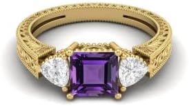 ABHI Princess Cut Amethyst Three Stone Wedding Engagement Ring for Women 925 Sterling Silver In 14K Yellow Gold Over