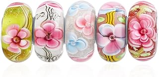 Mixed Set Of 5 Bundle .925 Sterling Silver Core Translucent Shades Of Blue Green Pink Flower Rose Floral Murano Glass Charm Bead Spacer Fits European Bracelet For Women Teen