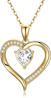 14K Solid Gold Heart Necklace for Women, Dainty Gold Crystal Love Heart Pendant "Love You Forever" Jewelry Gift for Mom, Wife, Girlfriend 16"-18"