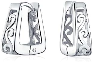 Square Pyramid Shaped Scroll Swirl Filigree Kpop Huggie Earrings Hoop For Women Men 14K Gold Plated .925 Sterling Silver