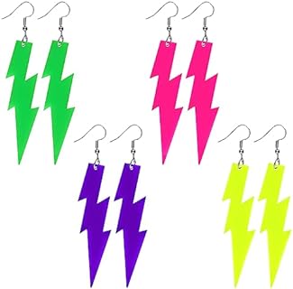 4 Pairs 80s Neon Earrings Women Acrylic Exaggerated Earrings Lightning Bolt Circular Oval Cassette Tape Star Teardrop Dangle Earrings Halloween Jewelry 80's Outfit Party Accessories