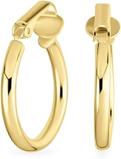Wide Large Medium Hammered or Simple Tube Hoop Clip On Earrings For Women Teen 14K Yellow Rose Gold Plated .925 Sterling Silver Hinge .75-1 Inch Diameter