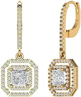 2.82 ct Brilliant Princess Cut Halo Drop Dangle Simulated Diamond 14k Yellow Gold Designer Earrings Lever Back