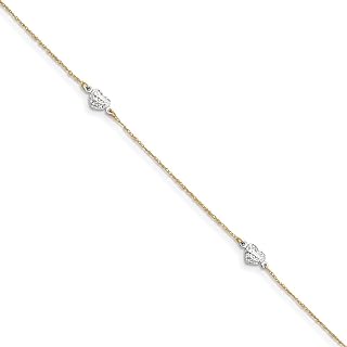 FJC Finejewelers 14kt Two-Tone Gold Puff Heart Anklet, 10 inches with Spring Ring Clasp and Cable Chain, No Gemstone, 1in Extender Included