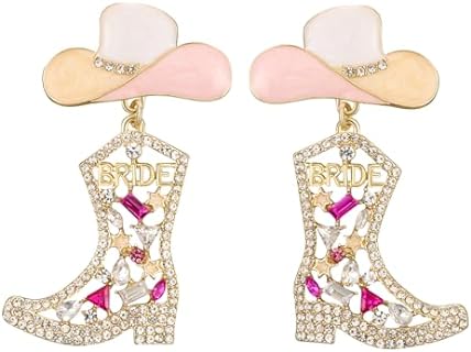 Push-Back Copper Clasp Rhinestone Dangle Earrings for Brides and Bachelorettes - Cowgirl Boot Design, Perfect for Western Country Weddings or Parties