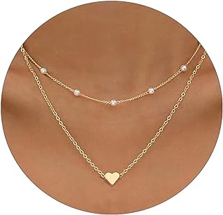 Gold Pearl Necklaces for Women 14K Gold Plated Layered Pearl Necklaces Trendy Dainty Small Tiny Pearl Chain Choker Necklace Set Simple Cute Heart Pendant Necklace Pearl Jewelry Girls Gift