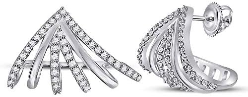 The Diamond Deal 10kt White Gold Womens Round Diamond Lobe Half Hoop Earrings 3/8 Cttw