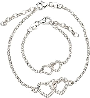 Cherished Moments Mom & Me Cubic Zirconia Double Heart Sterling Silver Baby Bangle Bracelet with Box Chain & Lobster Claw Clasp