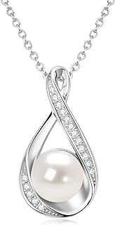 Freshwater Pearl Pendant Necklace for Women, Sterling Silver Infinity Single Pearl Necklace with Moissanite Diamond Wedding Jewelry Gift for Bride Bridesmaid (9mm)