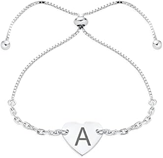 Customizable Initial Monogram .925 Sterling Silver Heart ID Bracelet with Open Cable Chain for Women and Teens