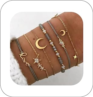 Silver Star Bead Chain Bracelet Set, Bohemian Moon Charm & Retro Crystal Design, Stone Beaded Adjustable Bangles for Style Enthusiasts, No Gemstone Included, Handcrafted Jewelry
