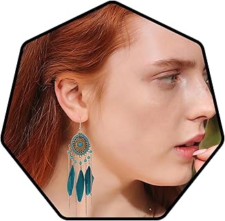 Bohend Boucles d'Oreilles Plume Boho en Or avec Chaîne de Perles Turquoise de 12,5 cm, Idéales pour Femmes et Filles au Style Bohème pour la Plage et les Voyages